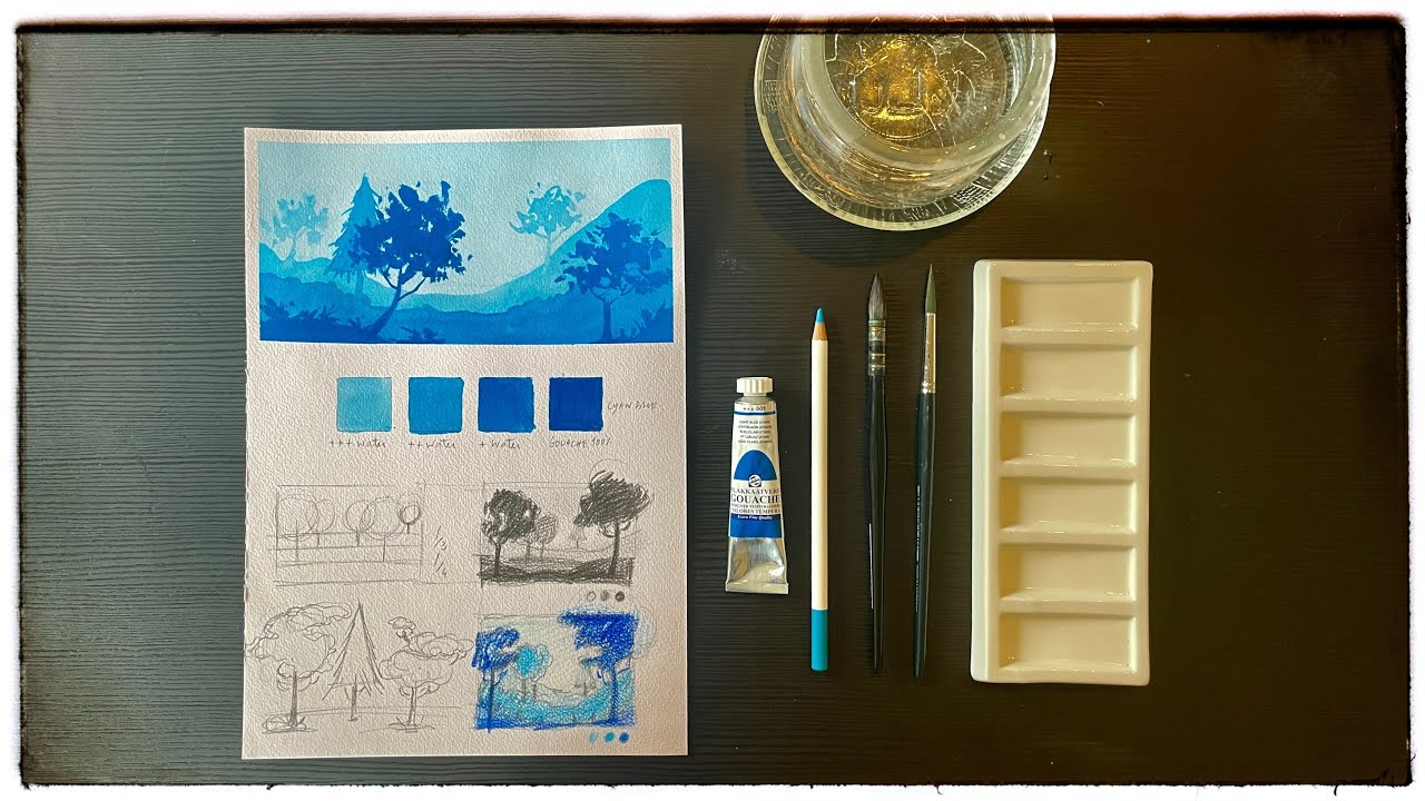 How to Paint a Landscape with One Colour using Gouache: Monochromatic  🖼️🎨 #arttutorial #gouache