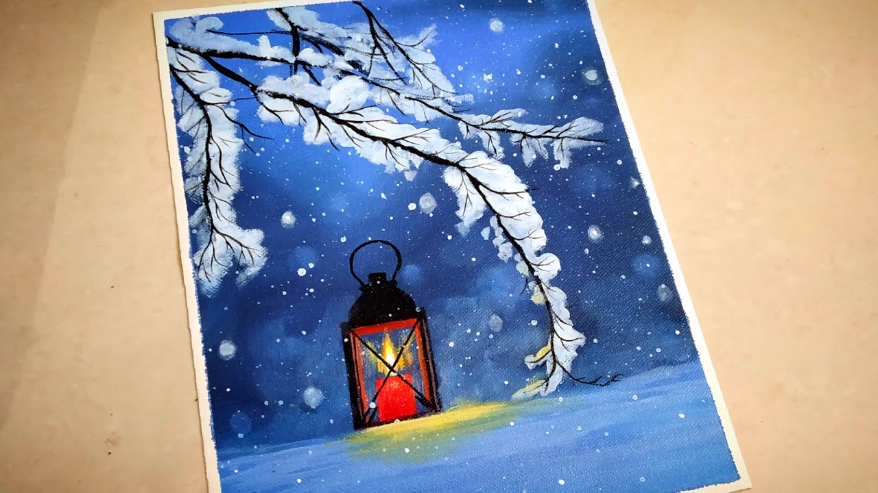 Winter Snowy Night Painting/Falling Snow Painting/Acrylic Painting for Beginners/