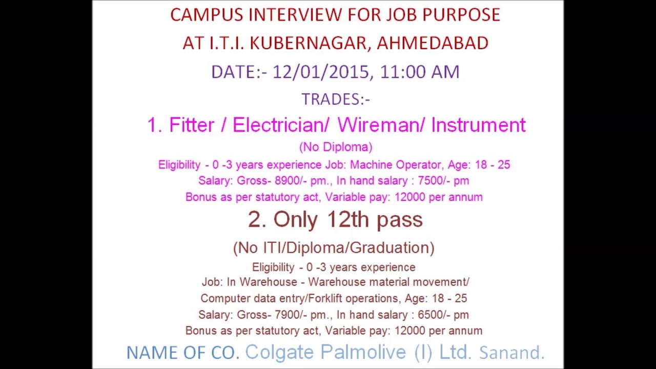 Placement ITI Kubernagar Ahmedabad, Campus Interview for  Colgate  - Sanand.