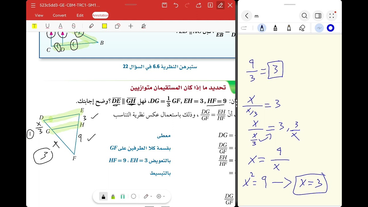 المستقيمات المتوازية والأجزاء المتناسبة