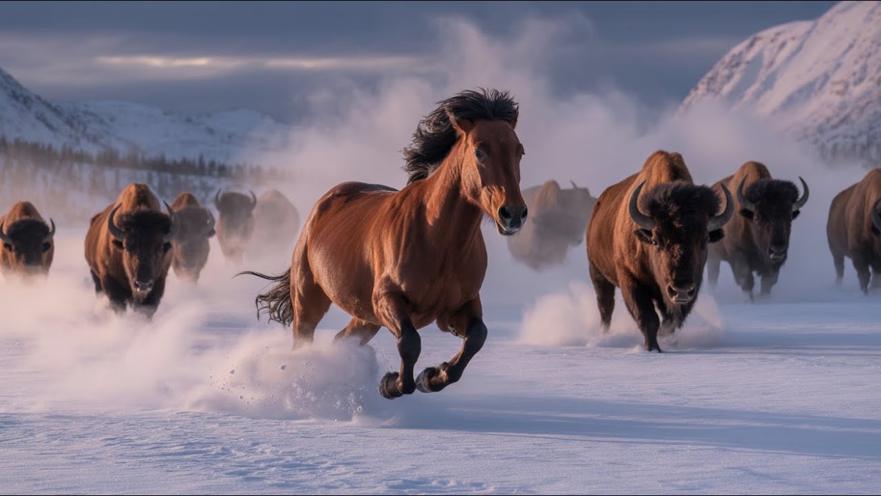 Will the Mustang Escape? | Bison Herd Pursuit in Snow (4K)
