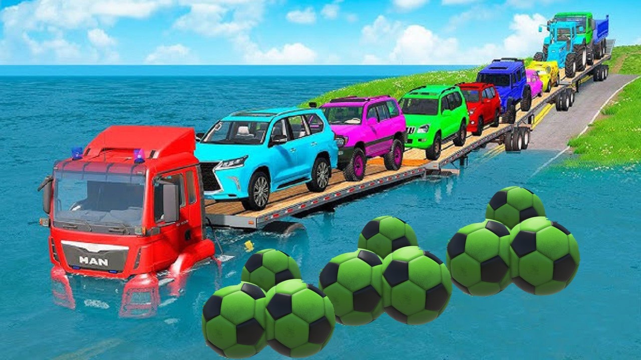 TRANSPORTING PIXAR CARS & FRUITS WITH COLORED & JOHN DEERE vs CLAAS vs TRACTORS - BeamNG.drive