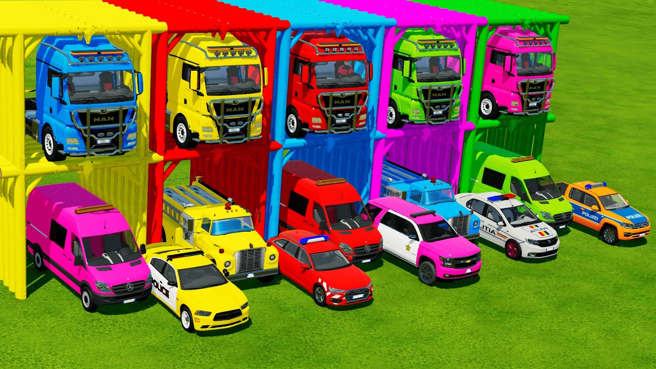 TRANSPORTING ALL POLICE CARS and AMBULANCE EMERGENCY VEHICLES WITH MERCEDES POLICE TRUCKS ! FS22