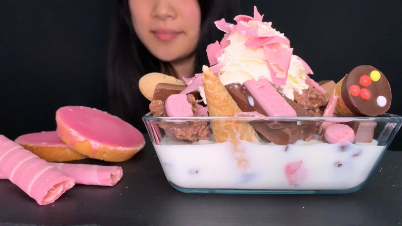 [ASMR] CHOCOLATE + STRAWBERRY SWEETS W/ MILK ~ MILKA DAIM NUTELLA KITKAT HERSHEY PINK GLAZED CAKE
