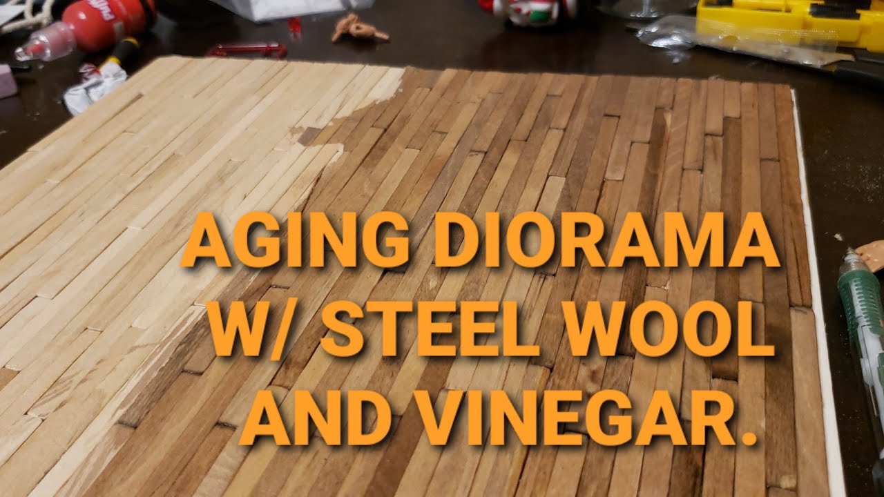 Aging wood diorama w/ vinegar and steel wool