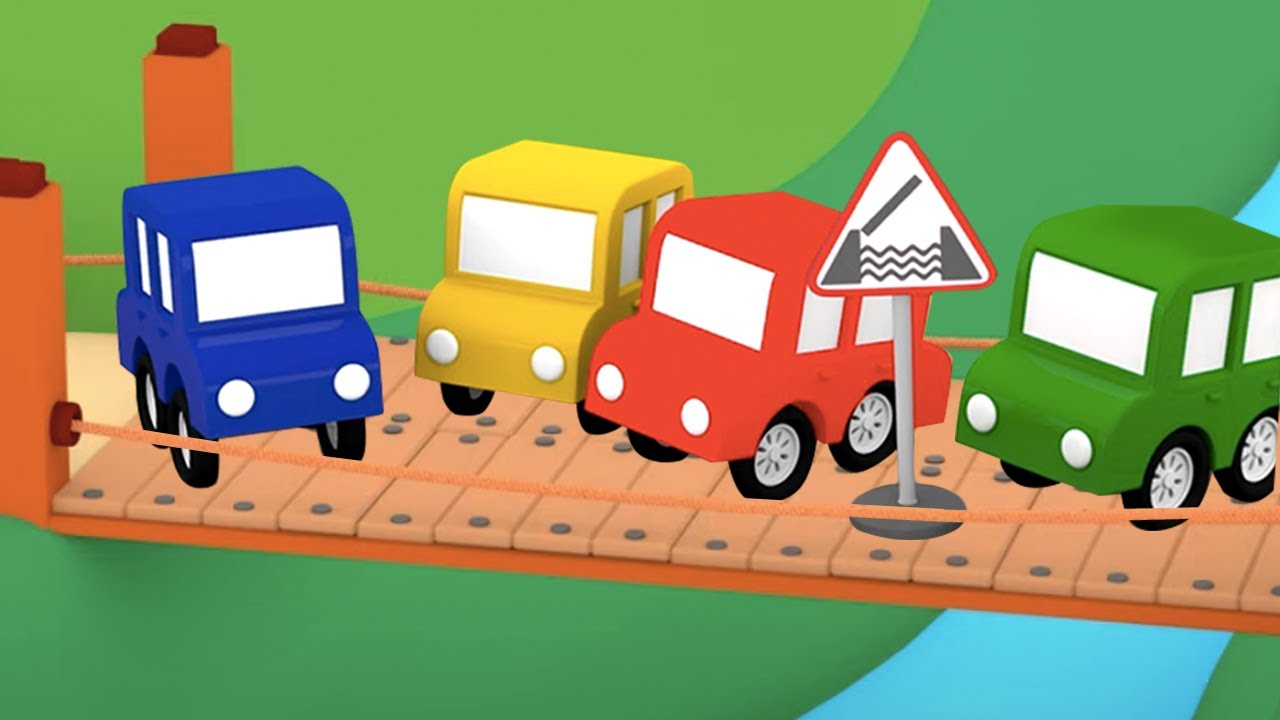 Os 4 carros coloridos consertam a ponte! Desenho educativo com carros animados