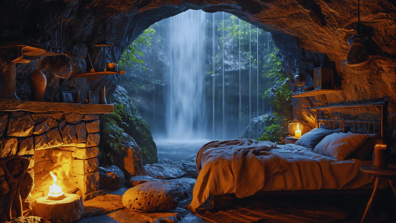 Cozy Cave Bedroom Ambience 🌧️ Heavy Rain & Thunderstorm for Deep Sleep (No Ads)