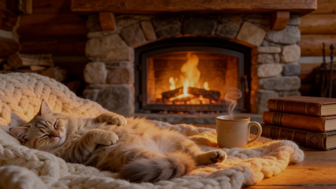Cozy Cat Purring by Fireplace 🐱🔥 | 8 Hours Sleep & Relax