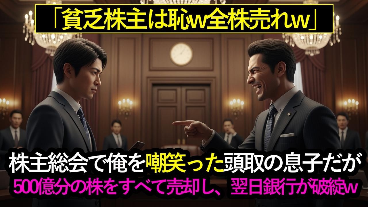 株主総会で「貧乏株主は恥ｗ全株売れｗ」と笑う頭取息子➡俺「了解。500億分すべて売却するｗ」翌日、銀行破綻ｗ #スカッとする話