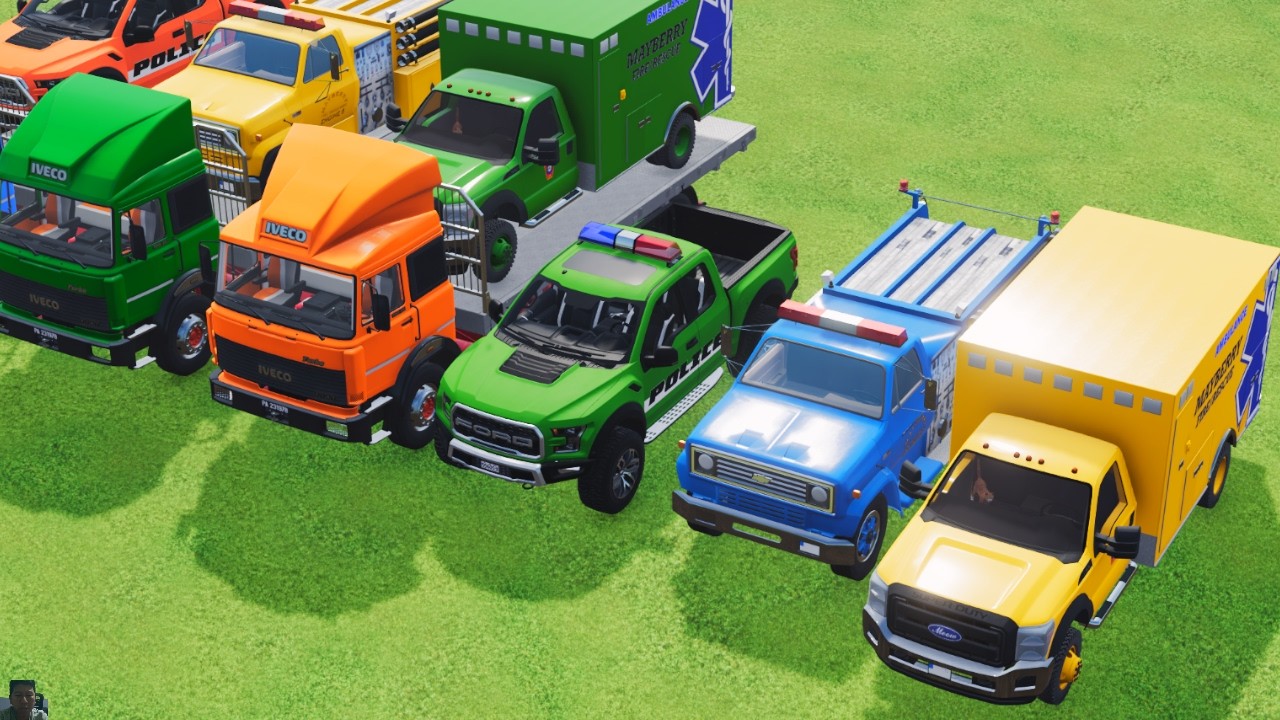 TRANSPORTING POLICE CARS, AMBULANCE, FIRE TRUCK, COLORFUL CARS WITH TRUCK GAME FARMING SIMULATOR 22