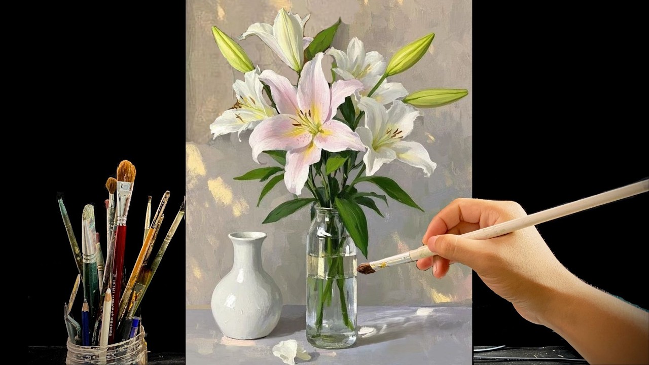 🎨 Painting Elegant White Lily Flowers in a Glass Vase | Relaxing Acrylic Still Life Tutorial | #155