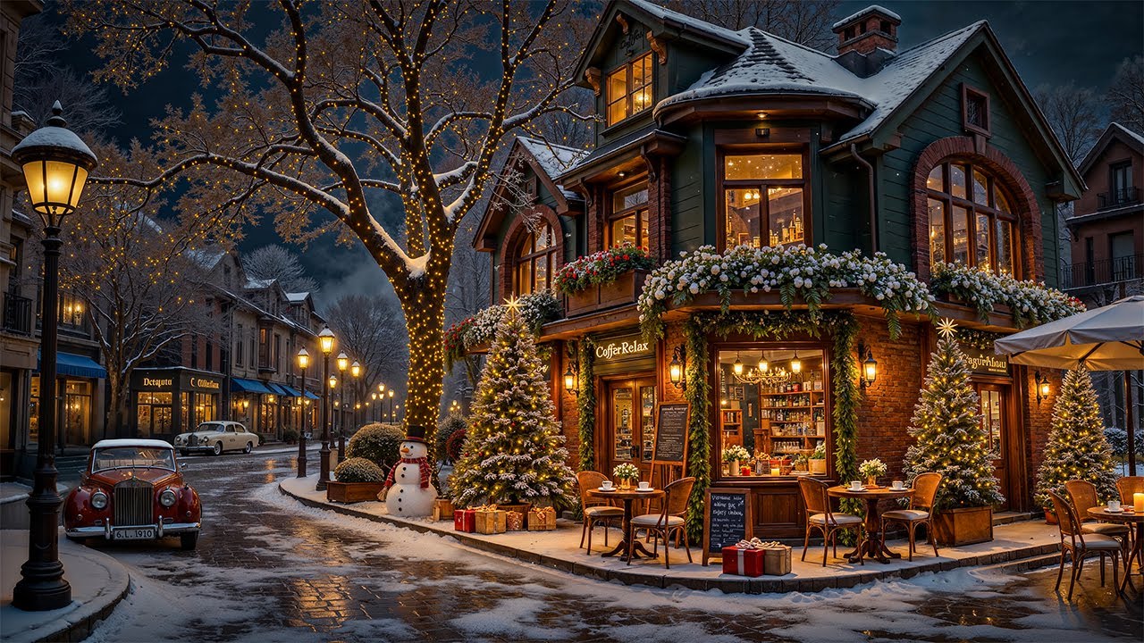 Christmas Ambience at Outdoor Coffee Shop Vibes 🎄 Relaxing Christmas Jazz Music & Snowfall to Unwind