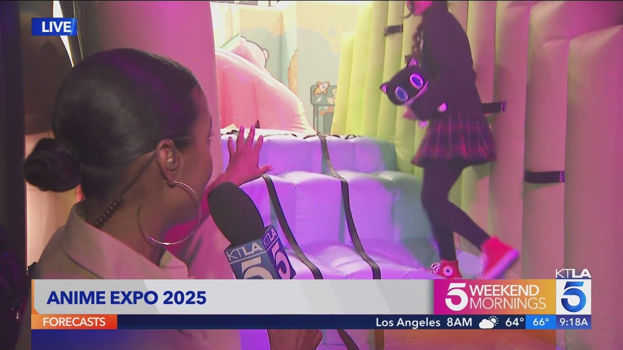 KTLA's Jasmine Simpkins takes on the Squid Games maze at the Anime Expo