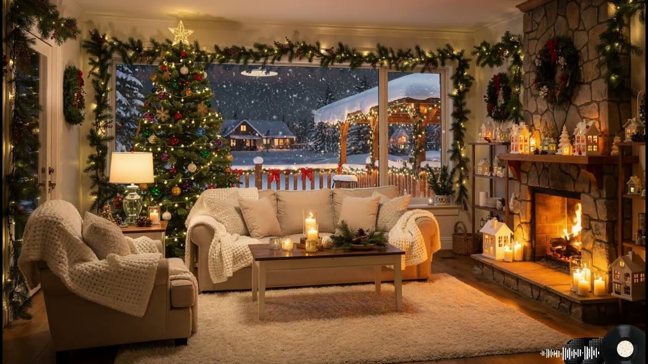 Cozy Christmas Living Room 🎄 Retro Jazz Fireplace Snowy Winter Relax Vibes