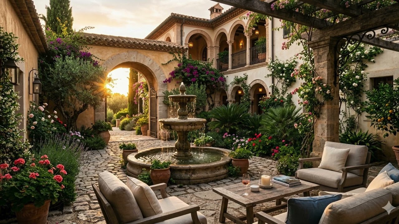 Luxury Garden Courtyard Villa, Relaxing Mediterranean Sunset Garden for Study, Sleep & Relaxation