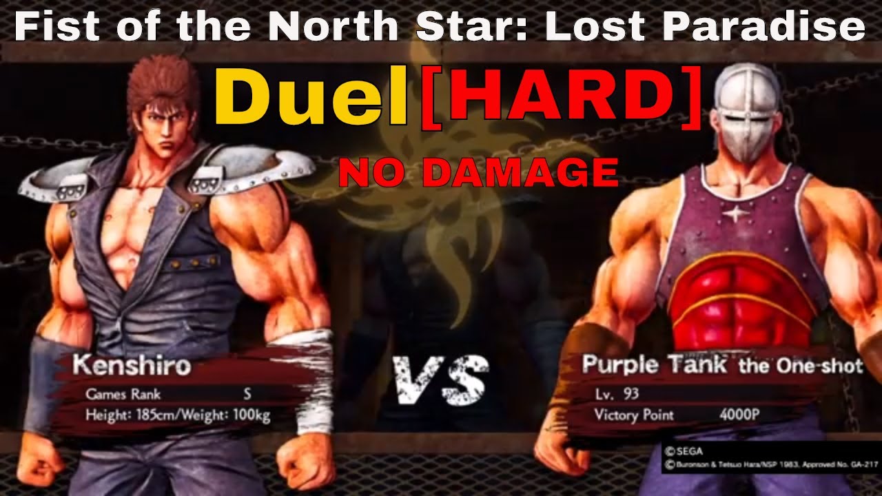 Duel Lv.99 Kenshiro vs Lv.93  Purple Tank [HARD] NO DAMAGE Fist of the North Star Lost Paradise PS4