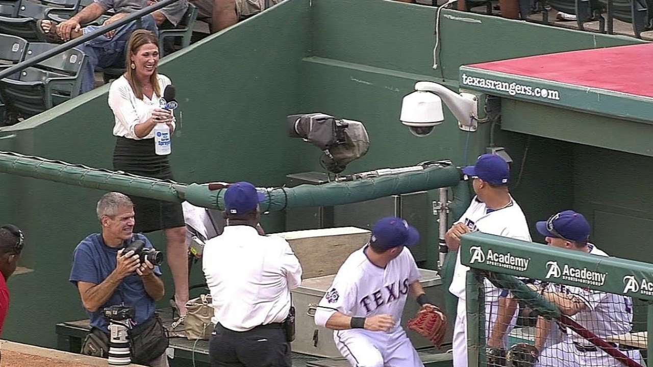 TB@TEX: Emily Jones sprays Andrus with water bottle