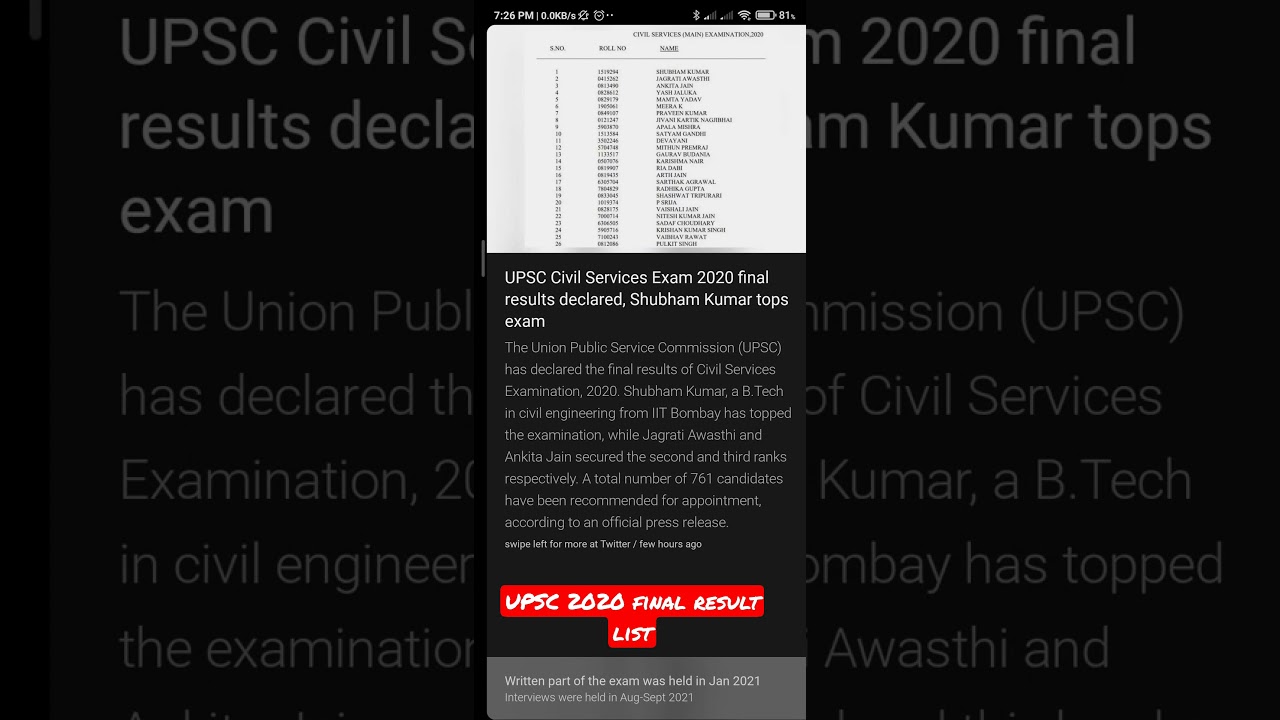 UPSC 2020 result final list  /topper list