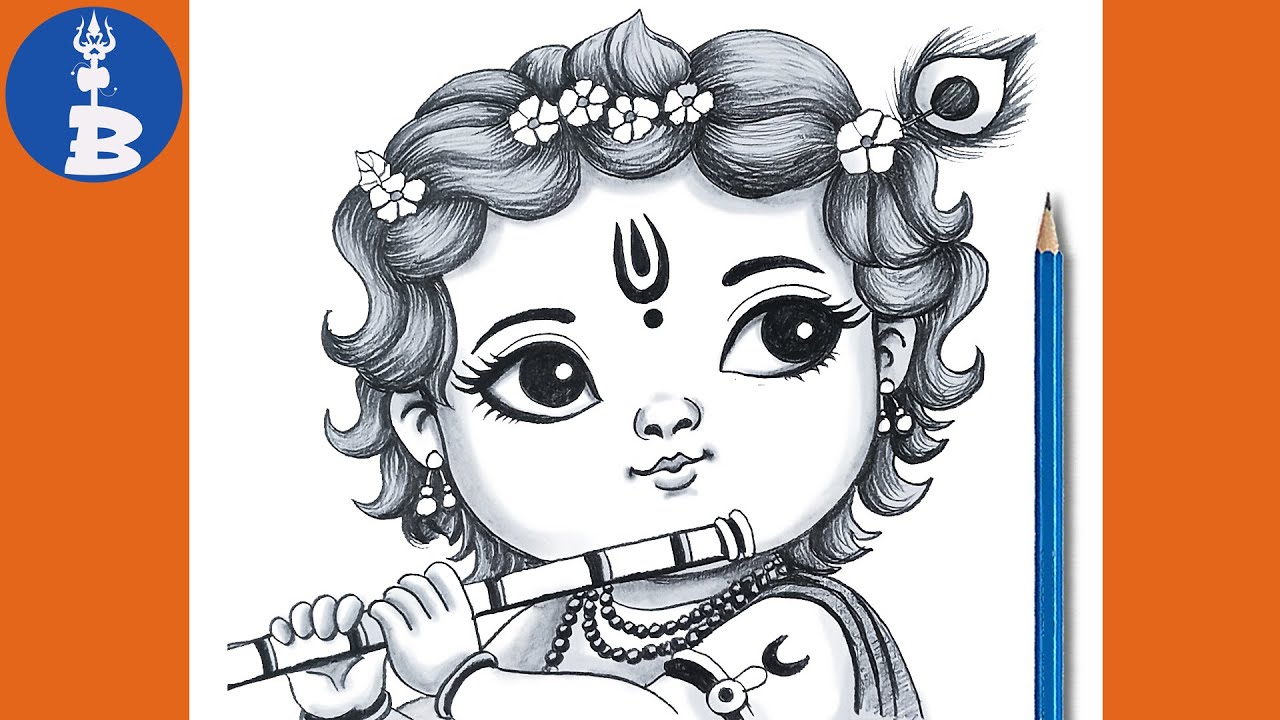 Lord Bal Krishna With Bansuri Easy Pencil Drawing _ Krishna Bhagawan Drawing _ Chitra