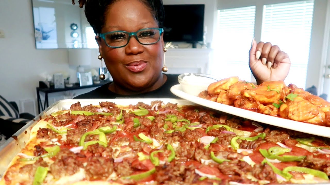 LOADED MEAT LOVER'S SUPREME PIZZA AND BUFFALO WINGS COOKING AND EATING