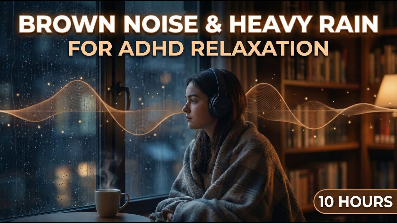 Brown Noise Heavy Rain | ADHD Relaxation | 10 Hours