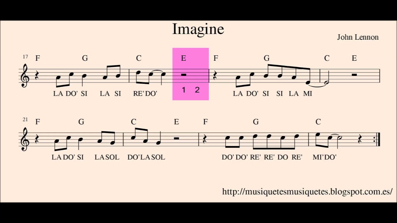 Imagine. John Lennon. Partitura flauta + audio. Con melodía. (C instrument, violín, oboe ...)