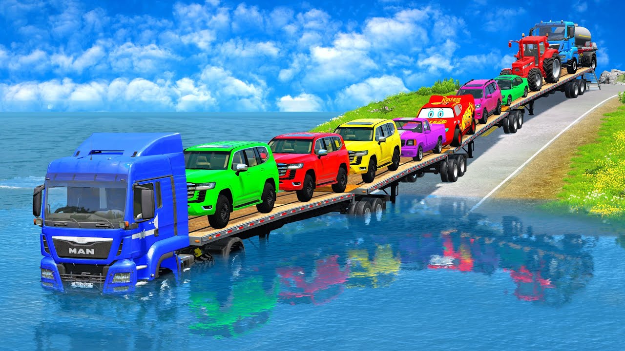 Flatbed Truck McQueen | Transportation with Truck - Pothole vs Car #70| BeamNG.Drive Gameplay