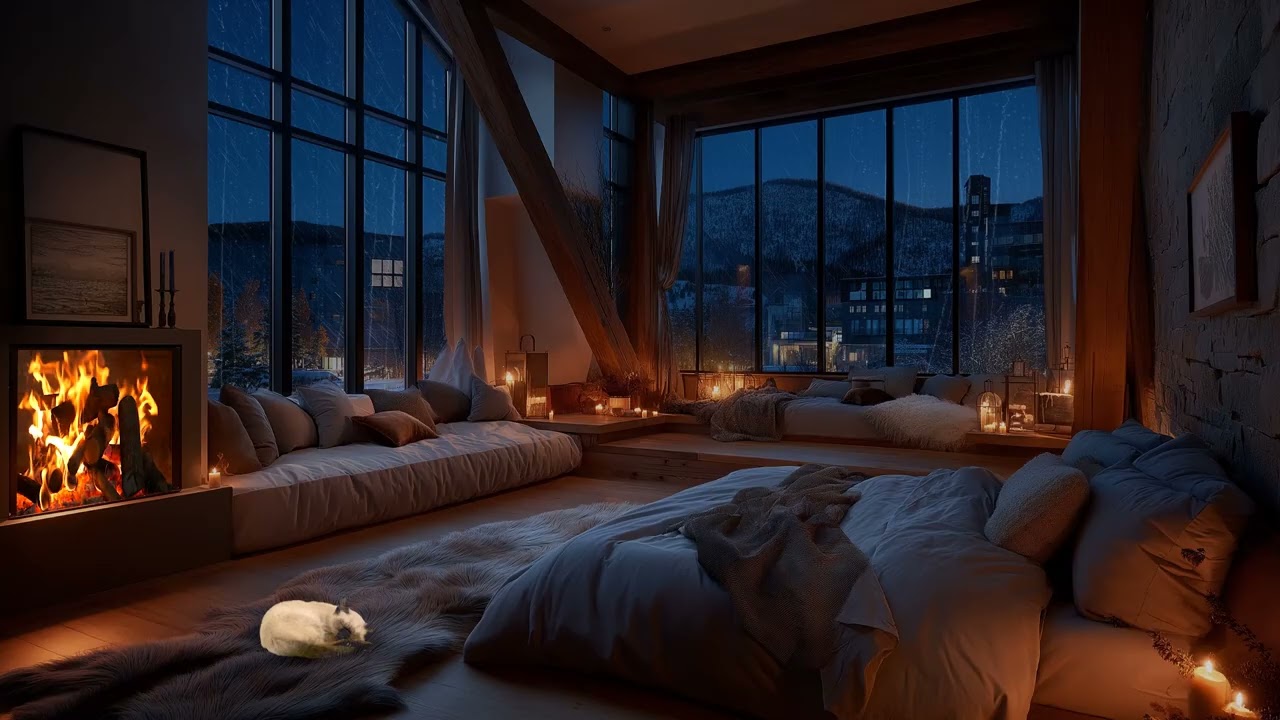 🌧️🔥 Cozy Loft Bedroom | Rain & Crackling Fireplace for Deep Sleep