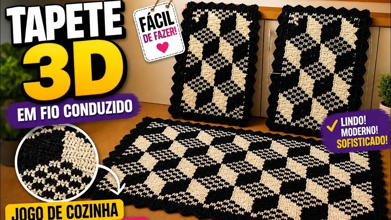tapete 3D em crochê conduzido, jogo de cozinha completo