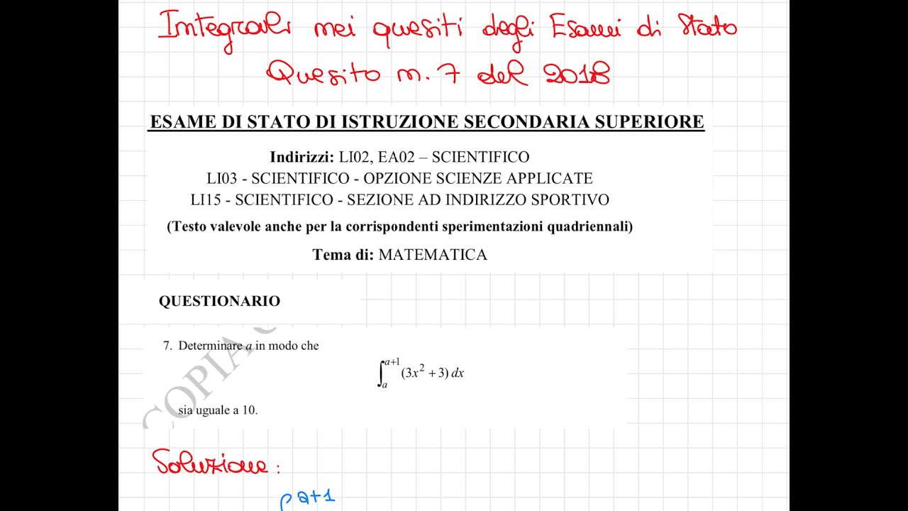 Integrale definito con il parametro:  quesito 7 dell'Esame di Stato del 2018