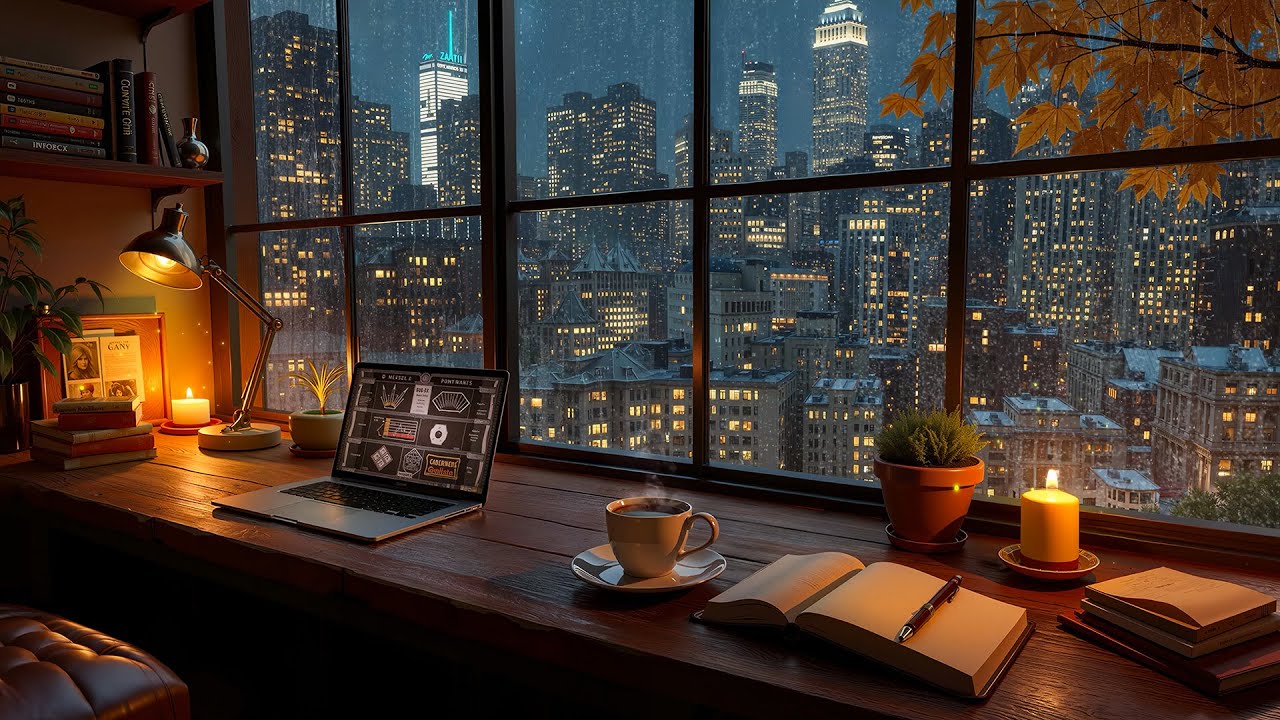 New York City Study Room Ambience 🌧️ Warm Jazz Music & Rain Sounds for Focus, Study & Relaxation