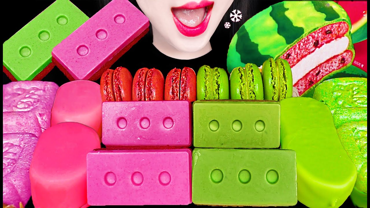 ASMR Green Pink Dessert Party Edible Brick 먹는 벽돌 핑크 그린 디저트 먹방 Mukbang, Eating