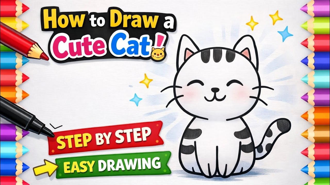How to Draw a Cute Cat 🐱 | Easy Cat Drawing for Kids Step by Step | Kids Drawing Tutorial