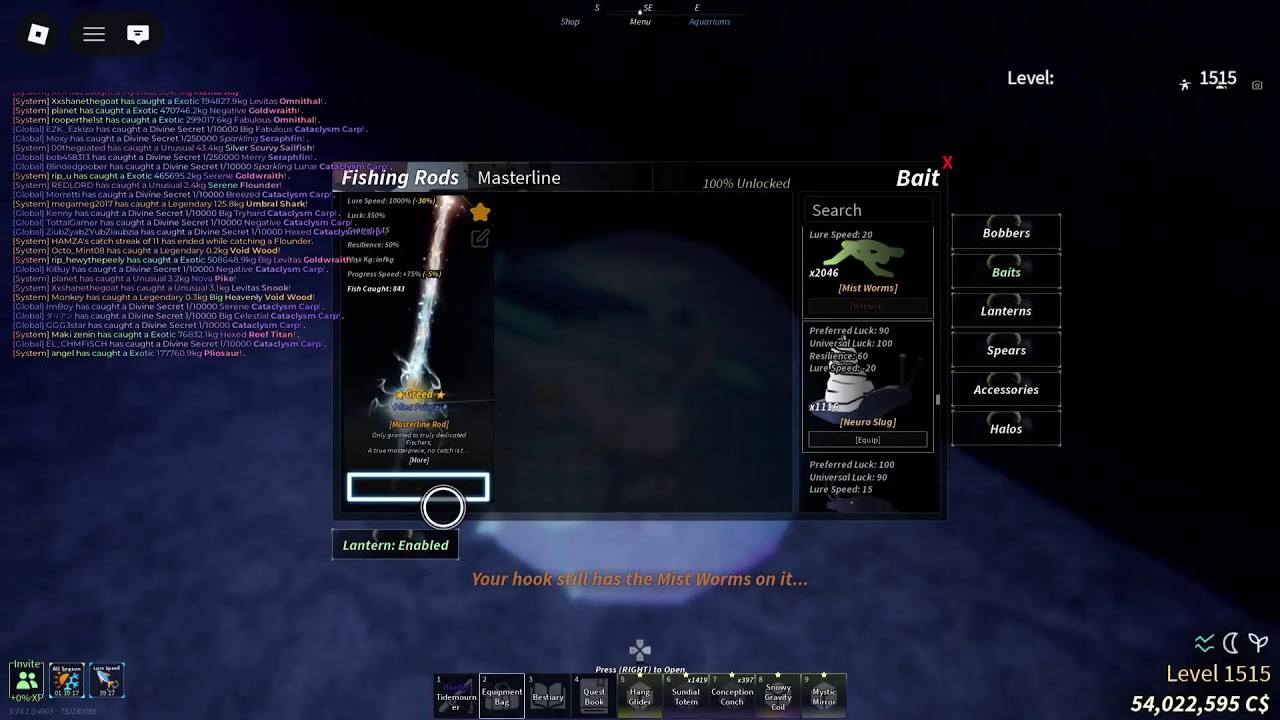 Fisch: Day 107 Grinding for the Mastery & Divine Secret & Admin abuse