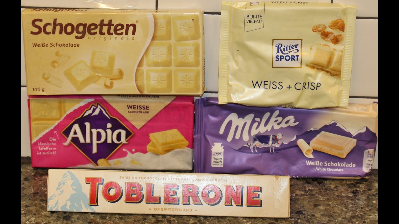 White Chocolate Candy Bar Comparison: Milka, Ritter Sport, Schogetten, Alpia & Toblerone