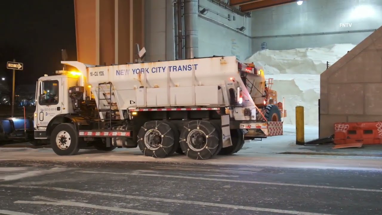 NY Sanitation Loads Salt Trucks Ahead of Snow Storm West Side Highway - Manhattan