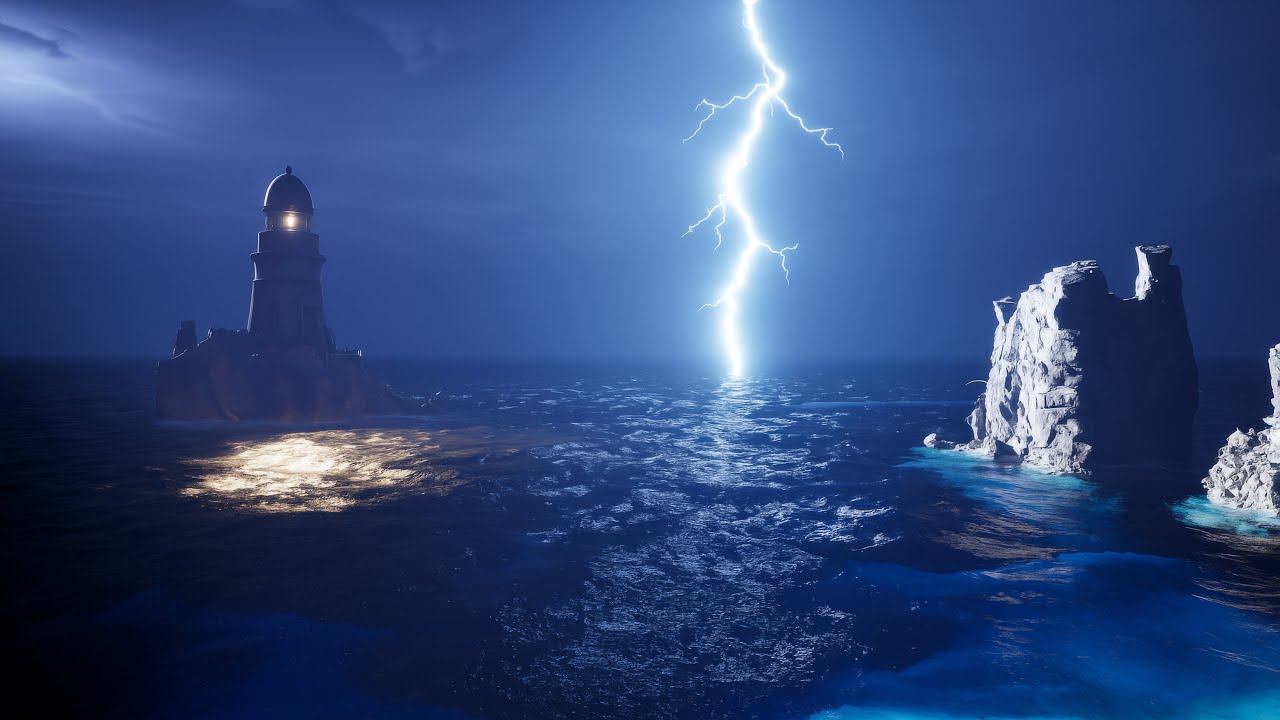 Thunderstorm Background with Lightning | Relaxing Ocean Waves & Lighthouse in 4K