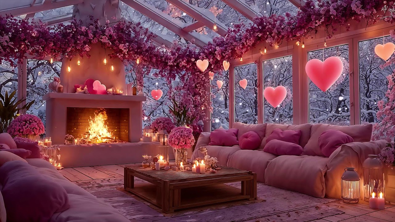 Enchanting Valentine in Pink Snow ❄️💗🔥 Cozy Jazz & Fireplace Glow for Love, Relax & Winter Calm