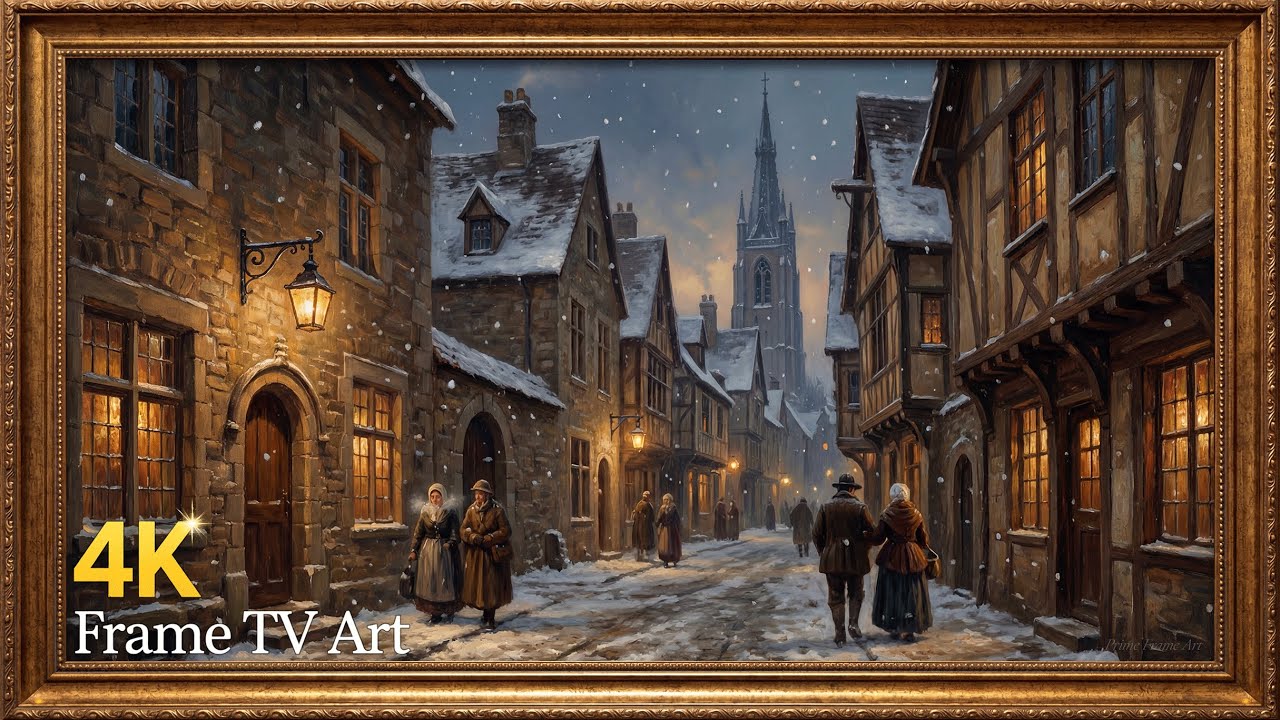 Quiet European Winter Street at Dusk | Oil Painting Frame TV Art Screensaver | 2 Hours