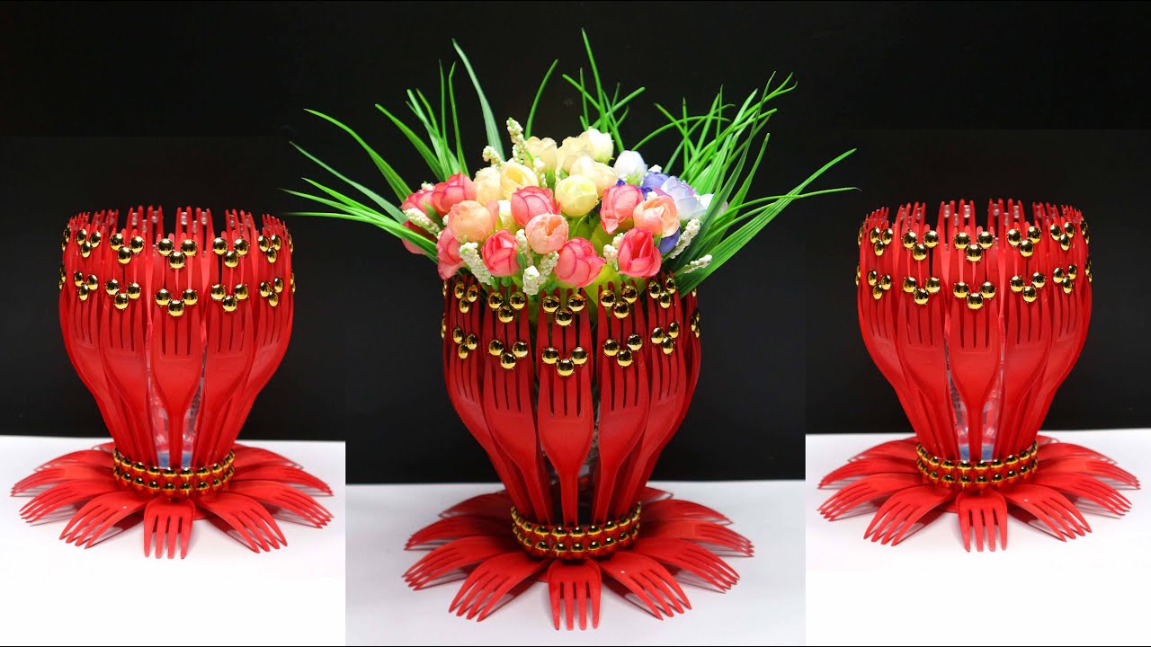 Ide Kreatif Vas Bunga dari Sendok Garpu | Plastic Fork Flower Vase | Plastic Spoons Flower Vase