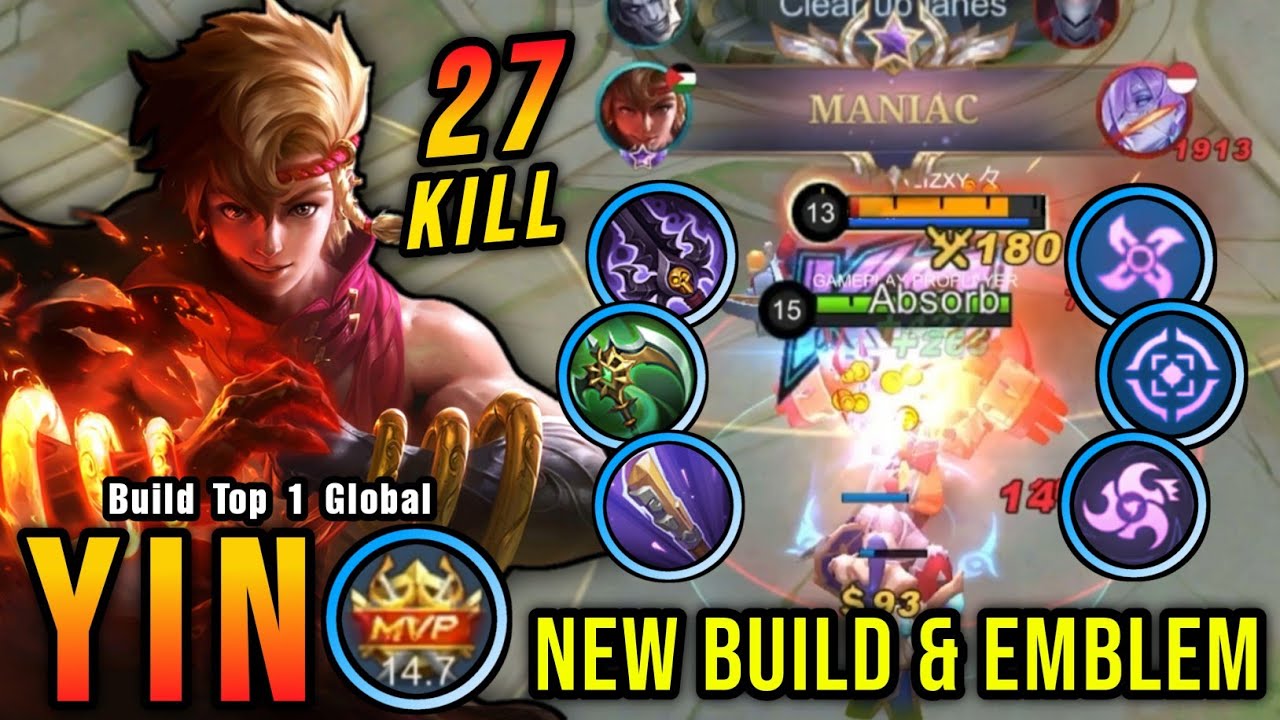27 Kills + MANIAC!! One Shot Build Yin with New Emblem!! - Build Top 1 Global Yin ~ MLBB