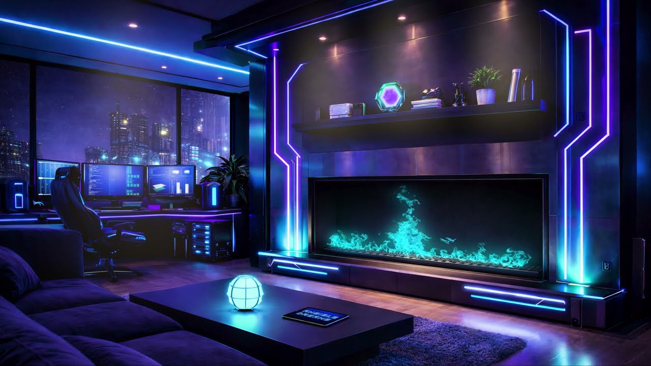 Cyberpunk-Inspired Apartment | Futuristic Neon Living Room & Workspace with a Fireplace | 4K | 10h