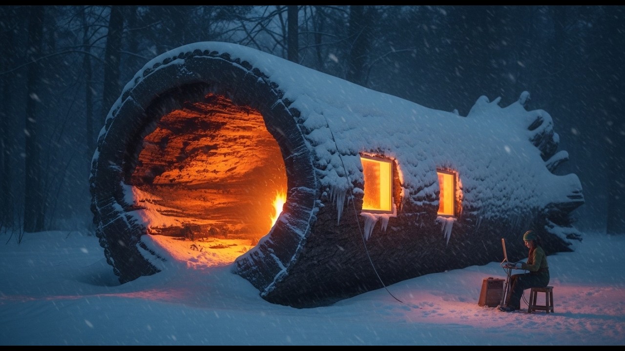 Alone in -40°C: Luxury Modern Home Inside a Massive Snowy Tree Trunk
