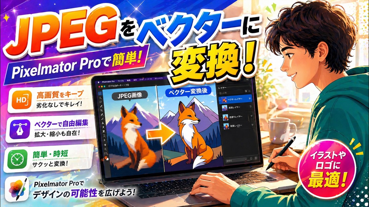 JPEG画像をベクター化する方法｜Pixelmator ProとPhotopeaを使って、JPEG画像を簡単にベクター化できます。Adobe Illustratorでも読み込めるSVG形式で出力！