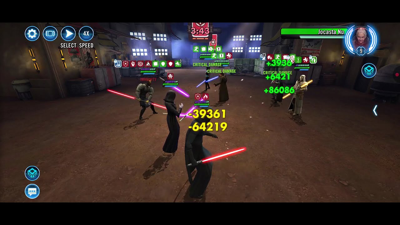 Traya/Sion/Nihilus/Savage (L9 Jawa FDC) vs. JMM/Depa/JTG/Jocasta/Aayla (140% AP): 63 banners
