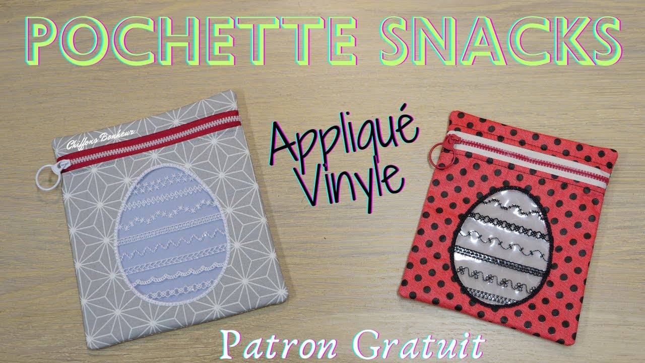 couture d'une pochette snacks & son appliqué vinyle clair brodé point de bourdon triple piqure