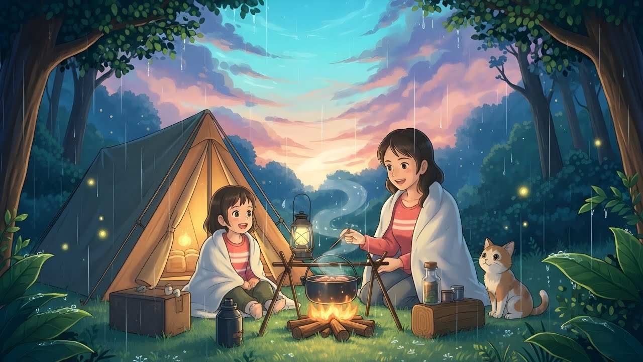 A Magical Rainy Camping Moment – Ghibli Style Family Scene ✨🌧️