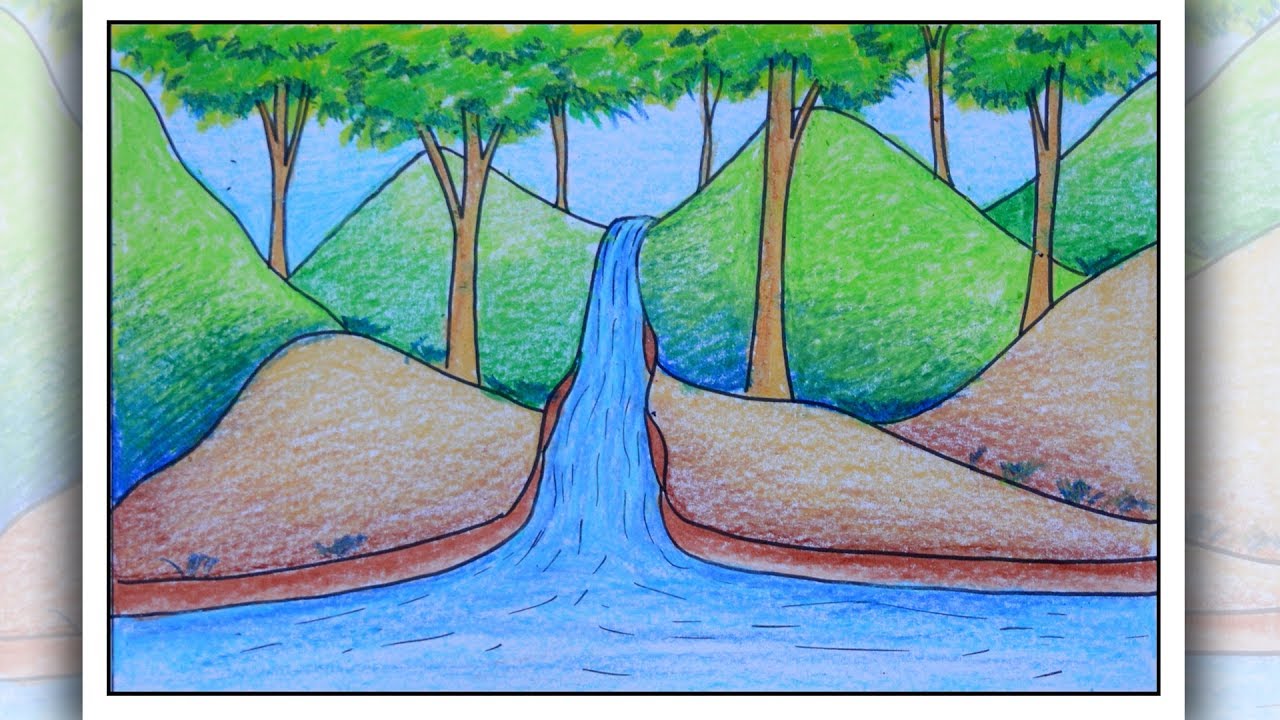 How to draw scenery of rainforest step by step, Mountain scenery drawing