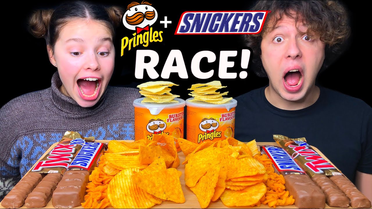 ASMR PRINGLES RACE + SNICKERS, TWIX CHOCOLATE CANDY BARS CRUNCHY EATING SOUNDS | Tati ASMR