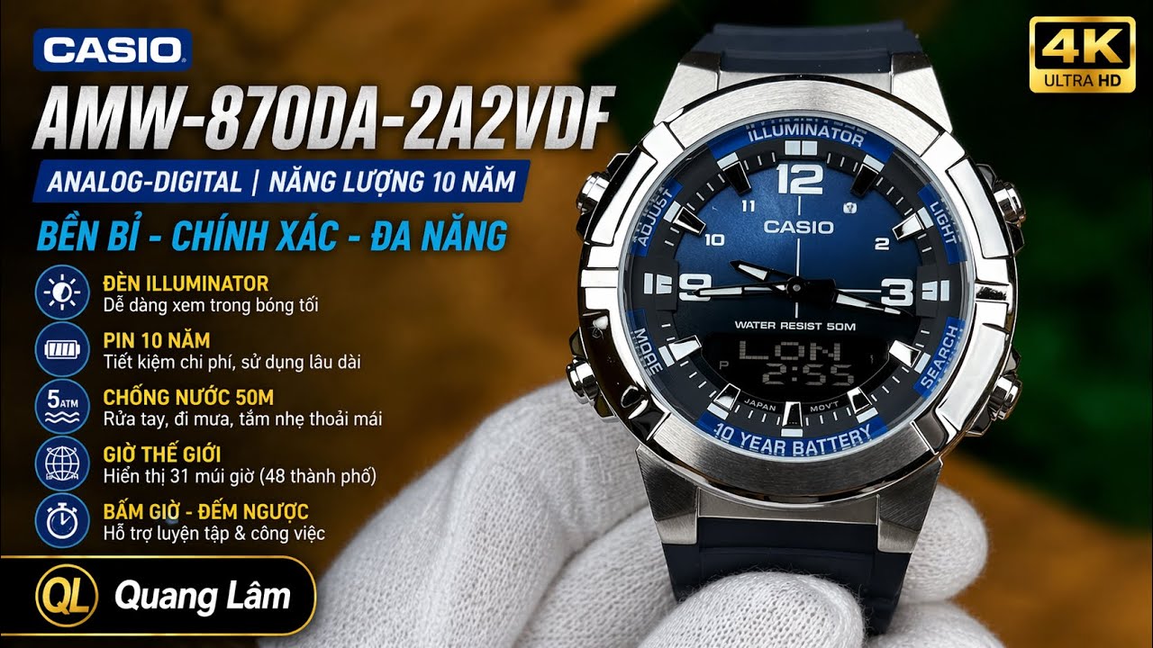 [ Review 4K ] Đồng hồ ‘quốc dân’ cho anh em thích vừa kim vừa số - Casio AMW-870DA-2A2VDF